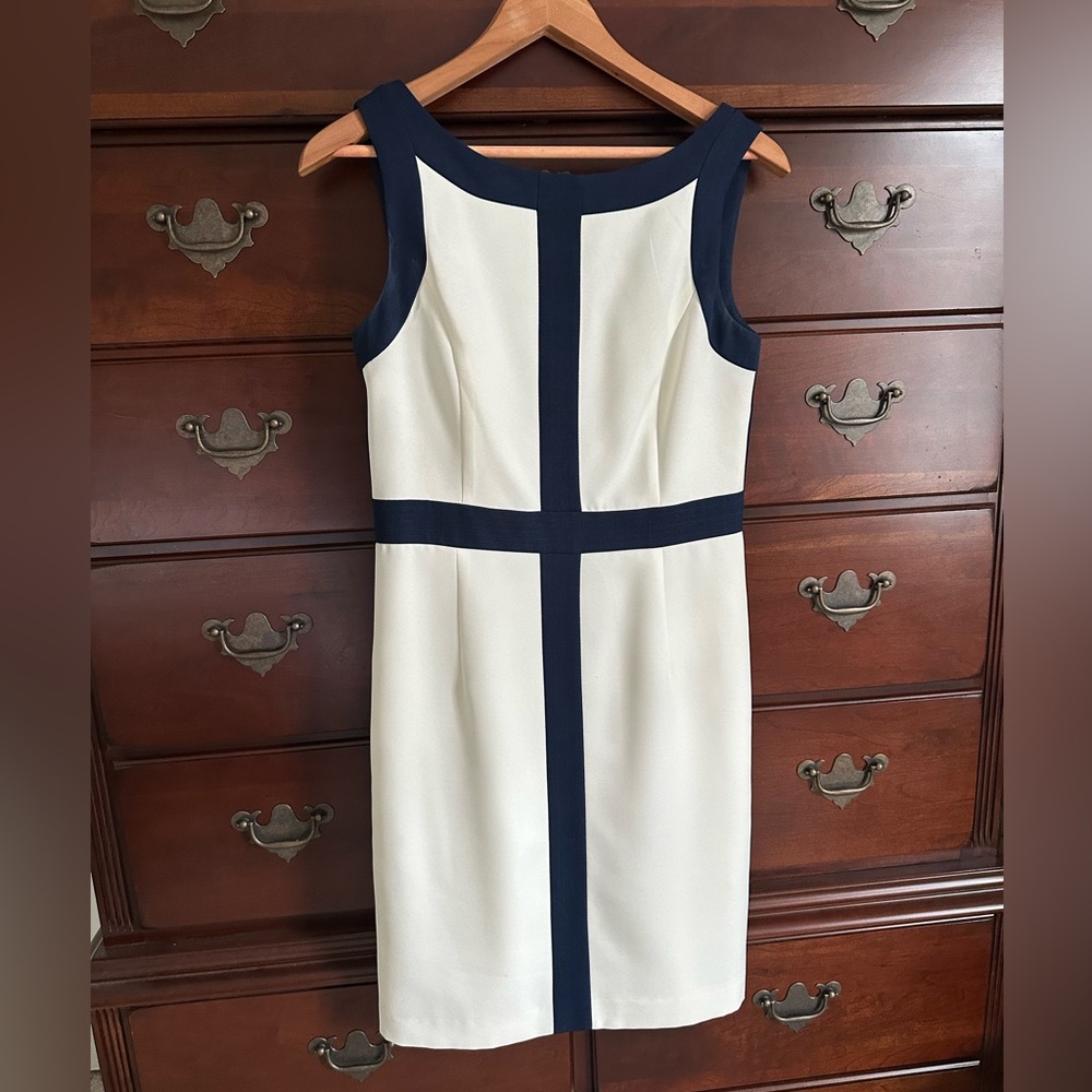 White Sheath Dress with Navy Trim